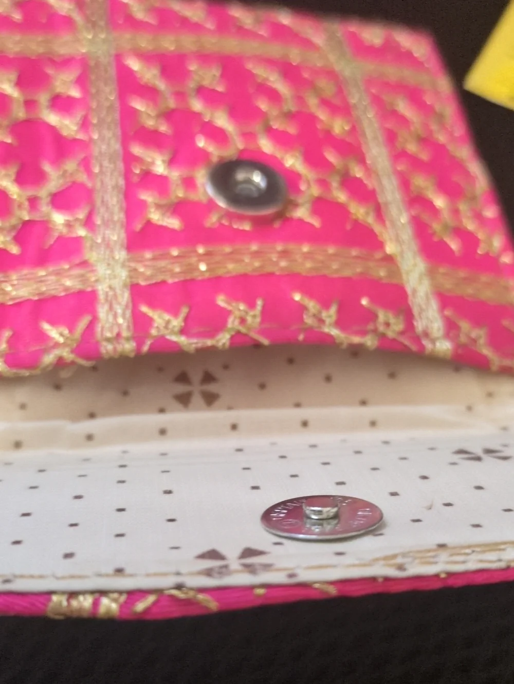 Pink Fabric Pouch with Traditional Gold Embroidered Pattern